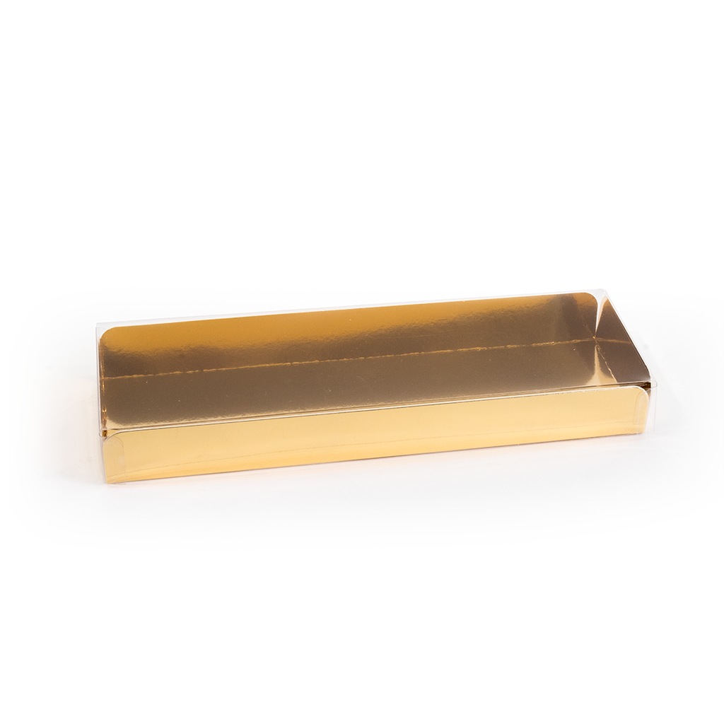 Caja de Turrón Dorada 4 Alas 260x90x30 mm y Tapa de Acetato Anónima (1 u.)