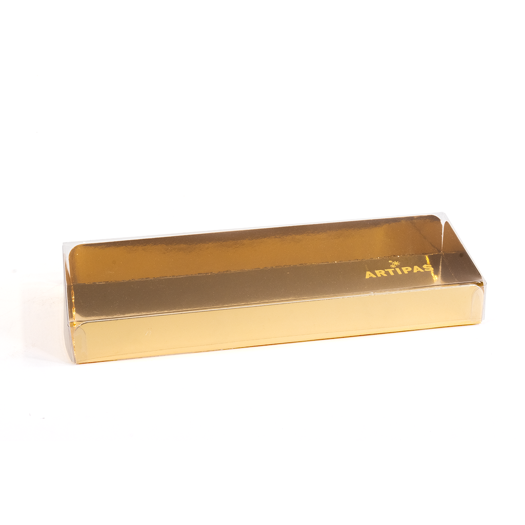 Caja de Turrón Dorada 4 Alas 260x90x30 mm y Tapa de Acetato Laminada (1 u.)