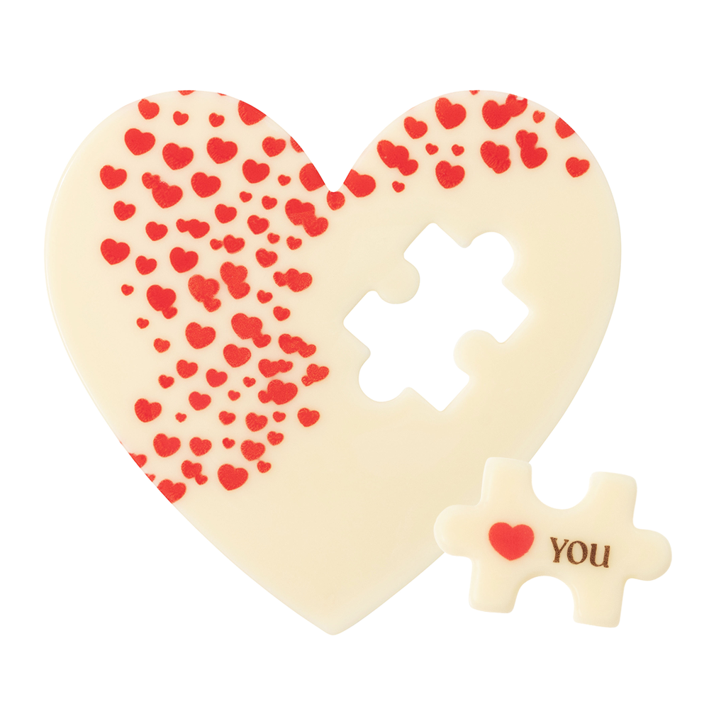 Placa de Corazón 100x94 mm y Pieza de Puzzle 35x23 mm Chocolate Blanco (15 Sets)